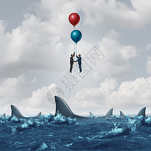 商业会议的风险,因为两个商人克服危险的鲨鱼水中用气球上升超过障碍,个企业隐喻,寻找伙伴关系解决方案与3D插图元素图片