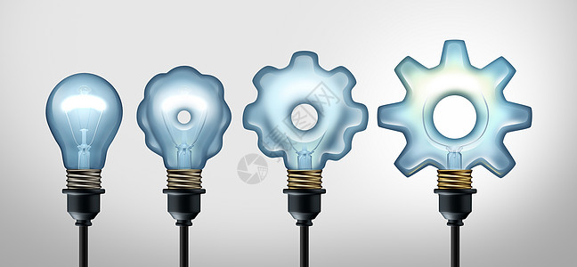 商业发展理念发展行业成功,创造的发明,灯泡,发展齿轮形状三维插图图片
