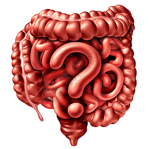 消化问题人体肠道结肠形状的胃肠道问号,结肠镜检查胃炎症癌症的象征,三维插图图片