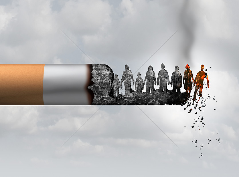 吸烟社会吸烟者死亡吸烟健康危险的种香烟燃烧,人们受害者落热燃烧的灰烬,个隐喻,导致肺癌的风险与三维插图图片