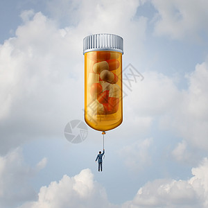 药物制药制药工业生物技术治疗的想法,个病人科学家漂浮高处,个巨大的处方药瓶气球个医学研究图标与三维图片