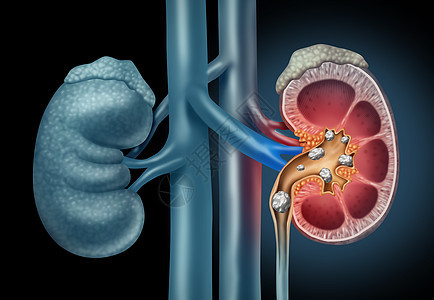 人类肾结石的医学个器官,以痛苦的水晶矿物个医学符号与横截与三维插图元素图片