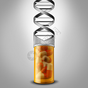 基因医学与处方药瓶形状为DNA双螺旋基因治疗染色体科学符号基因生物技术治疗三维插图图片