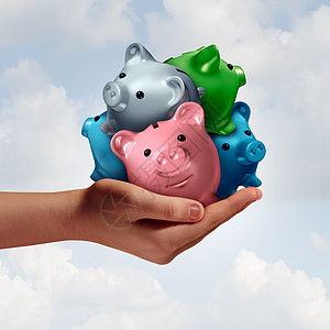 债务整合种手,持同的储蓄罐个会计财务,将信用贷款储蓄结合来,用于预算管理财务与3D插图元素图片