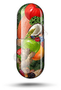 营养补充剂维生素胶囊与水果,蔬菜,坚果豆类营养丸种天然药物健康治疗与三维插图元素图片