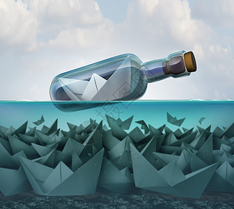 生存的聪明的竞争策略坚韧艘纸船个瓶子中生存的竞争手,坚持个成功的想法与3D插图元素图片