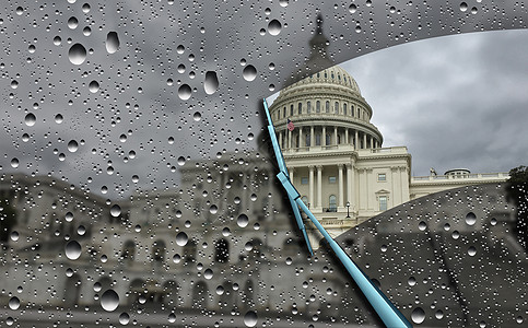 华盛顿的新闻政治调查,因为美国国会被雨弄模糊了,雨刷擦窗,透明度的象征,3D插图元素背景图片