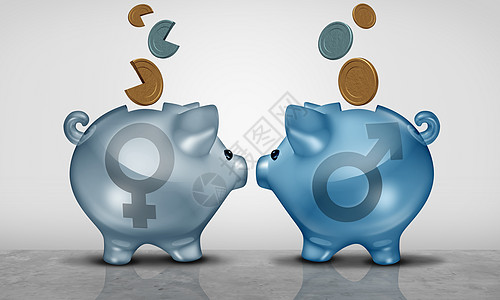 薪酬公平经济别差距的商业两个储蓄罐象,男女的符号工资平等个三维插图图片
