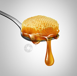 蜂蜜滴加甜蜂窝液体滴勺子上,养蜂烘焙的成分符号与三维插图元素蜂蜜图片