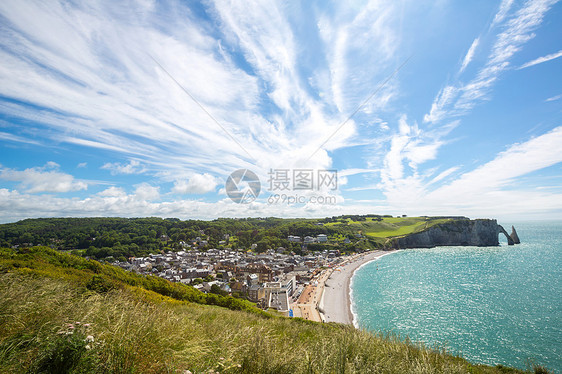 埃雷特村,它的海湾海滩雪崩悬崖地标空中视野诺曼底,法国图片