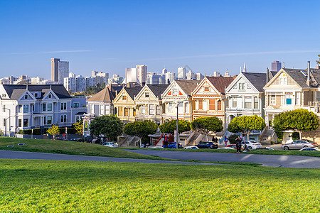 旧金山,加利福尼亚,美国,画着维多利亚式的女士房子,天际线,德市中心天际线彩绘女士旧金山图片
