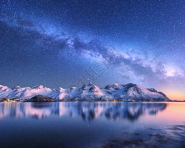 北极天空雪上明亮的银河覆盖着挪威冬天的山脉背景