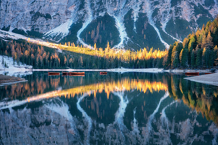布莱斯湖,秋天的白云岩日出时水丽的倒影景观秋天的森林,山,湖,水,船,树木五颜六色的叶子白云石意大利阿尔图片