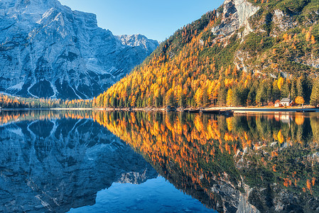 布莱斯湖秋季日出白云岩,意大利风景与山,美丽的湖泊,教堂,水与倒影,秋天的森林阳光明媚的早晨意大利阿尔卑斯山旅行图片