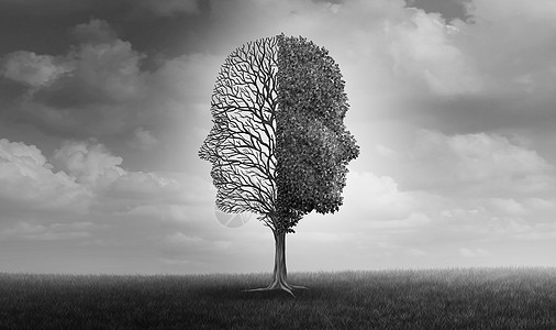 情绪障碍人类情绪情绪问题棵树,形状为两张人的脸,半空的树枝,另边充满叶子的叶子,三维元素的心理隐喻图片