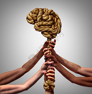 心理社会支持心理健康的,因为同的人持根绳子,形状为个思考器官,三维插图风格图片