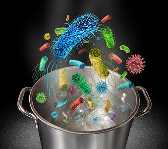 煮沸污染的水来死细菌,煮沸液体的咨询,以减少病原体的污染危险,包括病细菌细胞与三维插图元素图片