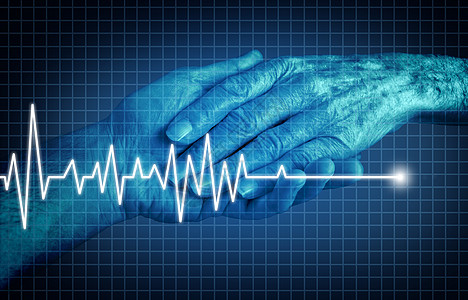 手图安乐死临终病人生命的种医疗干预,以疼痛痛苦种保健符号,老人的手与心电图EKG平线上的监测图三背景