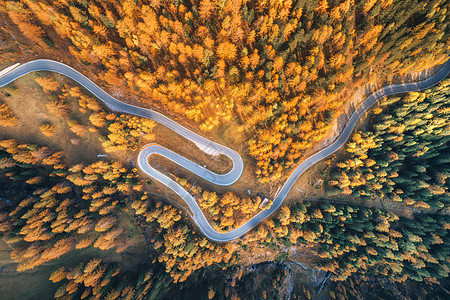 秋天森林里蜿蜒的道路日落的山上鸟瞰完美的沥青道路橘子树的顶部视图公路秋天穿过林地欧洲旅行旅行自然背景图片