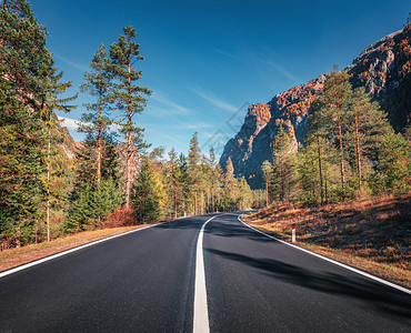 意大利日落时秋天森林的道路美丽的山路,绿色的树,橙色的草,高高的岩石,蓝天景观与空沥青路穿过森林秋天旅行背景图片