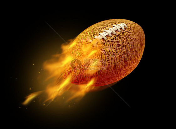 飞行燃烧的美国足球与燃烧的火焰黑色背景与3D插图元素图片