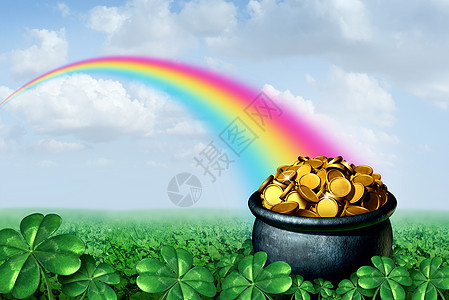 壶黄金彩虹帕特里克日的末尾,绿色的三叶草田野个金色的麻雀宝藏上,春天爱尔兰庆祝的运气与3D插图元素的象征图片