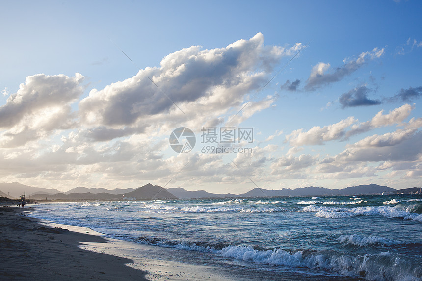 日落坎皮卡福特海滩,马略卡岛,巴利阿里群岛,西牙图片