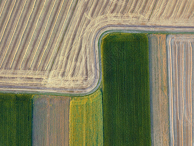 同作物收获后农田的几何抽象背景,由道路隔开只鸟无人机上俯瞰飞行无人机农田的全景,为播种庄稼好准备的风图片