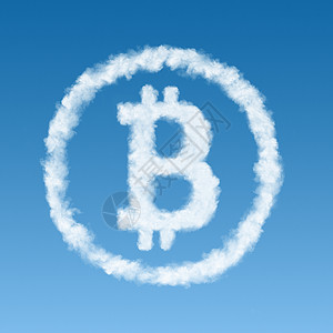 符号比特币由蓝色背景上的白云制成,虚拟货币比特币符号由云制成图片