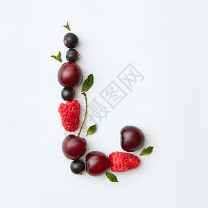 字母l英文字母以自然机浆果的形式出现成熟的新鲜树莓黑色醋栗樱桃绿色薄荷叶白色背景上分离自然成熟的浆果黑色醋栗图片