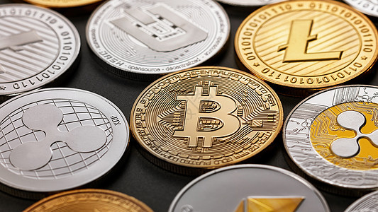 密码货币比特币,Etalum,Litecoin,Monero,波纹,破折号,黑暗的背景上,硬币的图案商业金融技术图片