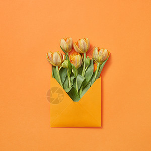 春天的鲜花郁金香工艺信封上的黄色背景与祝贺的情书平躺明信片与郁金香花工艺信封上的橙色背景图片