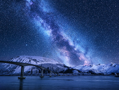 桥星空与银河雪覆盖的山脉反射水中夜间景观与道路,雪岩,紫色的天空与星星银河,海洋挪威洛福滕岛的冬天图片