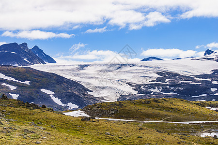 徒步山夏季的山地景观,雪峰冰川旅游景区路线55索涅夫杰莱的洛姆高朋,挪威山与冰冰川诺威索格尼菲莱路背景