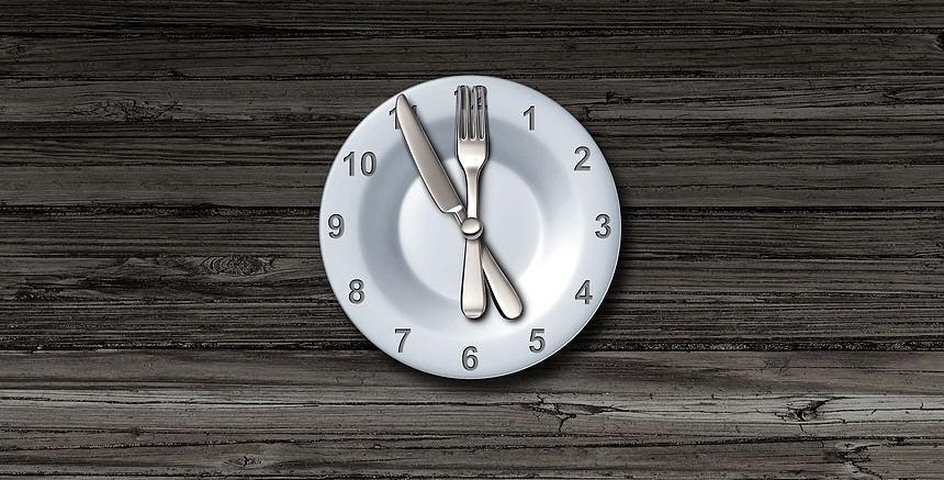 间歇禁食热量限制自噬饮食符号营养,促进健康的好处,延长寿命与时钟图标盘子与刀叉子与三维插图元素图片