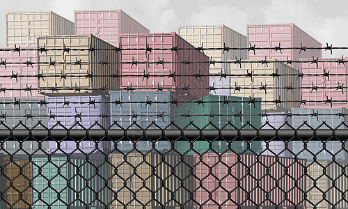 封闭的经济贸易经济限制的障碍,限制进出口商业全球贸易商业行业的栅栏,以航运港口的三维插图元素图片