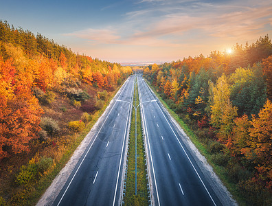 日落时美丽的秋林中沥青路的鸟瞰图五颜六色的景观与空的公路,树木与红色橙色的叶子,蓝天与阳光秋天巷道的顶部视图秋天图片