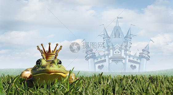 青蛙王子童话城堡的背景,个神奇的故事皇冠与两栖动物等待公主吻与3D插图元素图片