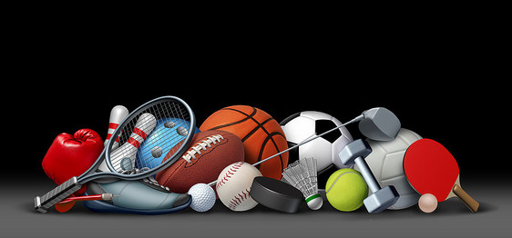 黑色运动设备上的运动物体与足球篮球棒球足球网球羽毛球冰球娱乐活动,并与三维插图元素进行休闲活动图片