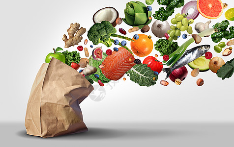 健康杂货店超市的营养食品杂货,如水果蔬菜,坚果,鱼豆类,纸袋中出来,种自然饮食种图片