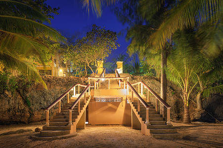 夏夜美丽的热带森林里点亮楼梯风景与照亮的道路与台阶,绿色棕榈树,酒店海边沙滩黄昏桑给巴尔,非洲旅行图片
