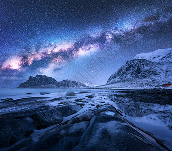 夜山蓝色星空下的雪山背景