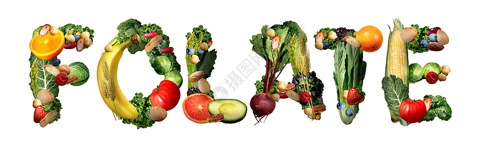 叶酸维生素b种天然的饮食补充,健康的生活方式健康的好处,如绿色蔬菜,水果,坚果豆类,形状为文字分离白色与三维插图元素图片