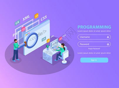 网页开发等距背景标志页与图像字段的登录密码矢量插图背景图片
