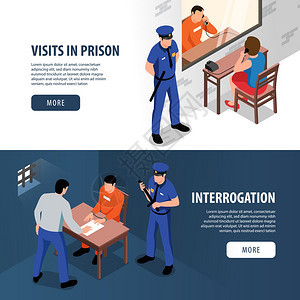 监狱两个等距横幅与访客囚犯探视室侦探罪犯戴着审讯室矢量插图图片