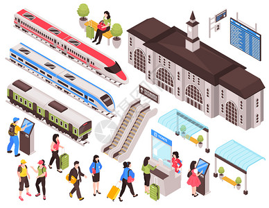 等距火车站列车集合的孤立图像与人字火车汽车基础设施元素矢量图背景图片