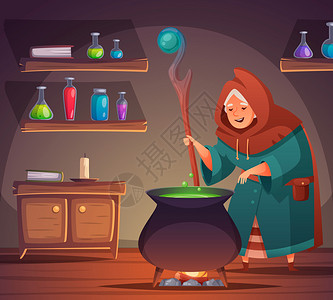 中世纪女巫卡通背景与药水成分瓶子矢量插图背景图片