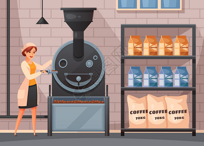 咖啡生产输送机背景与包装加工符号卡通矢量插图图片
