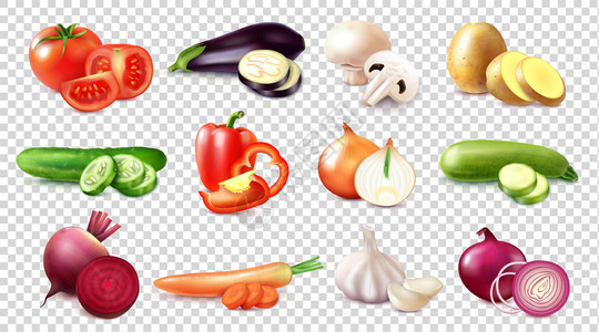 用同种类的蔬菜透明背景上真实的图像,用整个水果切片矢量插图新鲜的高清图片素材