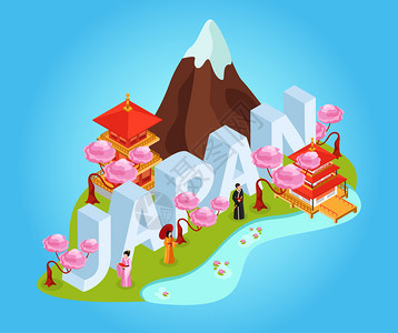 日本标题旅游小册子指南等距构图与富士山传统服装寺庙大字体矢量插图图片